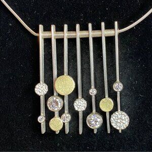 16" Artisan Statement Necklace 7 Swinging Vertical Pieces with Round Brass CZ  D